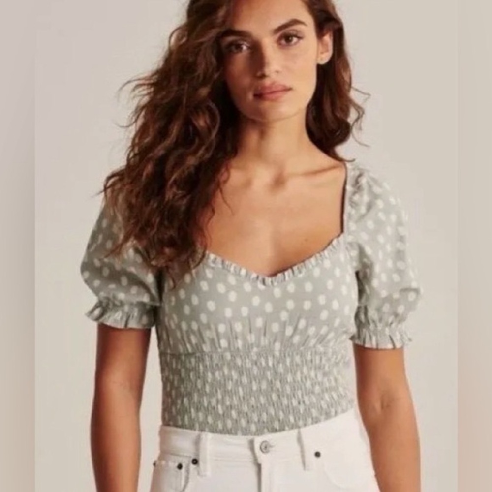Abercrombie & Fitch Shirt Mint Green Polka Dot Smocked Waist Top Blouse